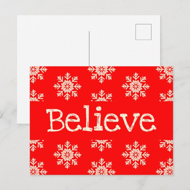 Cartão Postal Vermelho Floco de Neve Branco Acredite Natal (Frente/Verso)