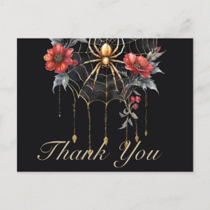 Cartão Postal Vermelho Gótico e Dourada Aranha Floral Obrigado