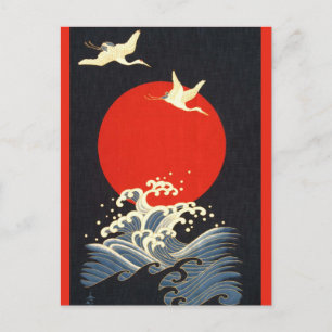 CARTÃO POSTAL VERMELHO, JAPONÊS VOANDO CRANES, ONDAS MARÍTIMAS E