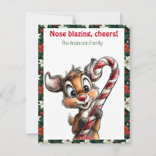 Cartão postal vermelho retrô de Natal com renas fo