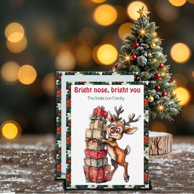 Cartão postal vermelho retrô de Natal com renas fo (Criador carregado)