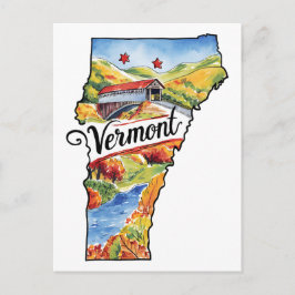 Cartão Postal Vermont EUA Estado em Forma de Aquarela Vintage