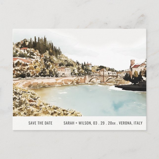 Cartão Postal Verona Adige River Italy Watercolor Save Date (Frente)