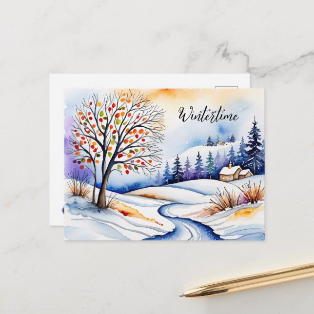 Cartão Postal Verschneite Landschaft - Haus am Waldrand | (Frente/Verso In Situ)