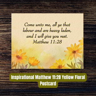 Cartão Postal Versículo da Bíblia Mateus 11:28 Floral Amarelo