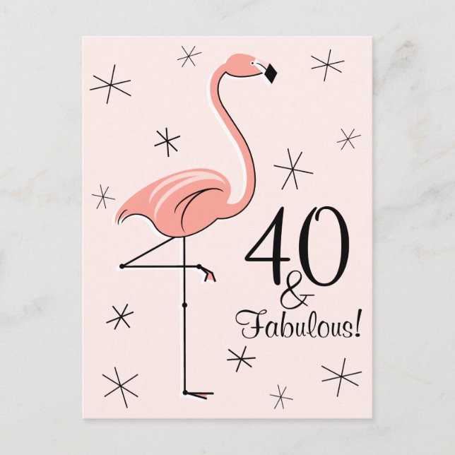 Cartão postal vertical Flamingo Pink "40 e Fabulos (Frente)