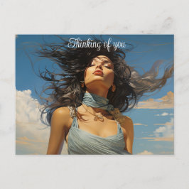 Cartão Postal Vestido azul contra uma pintura azul