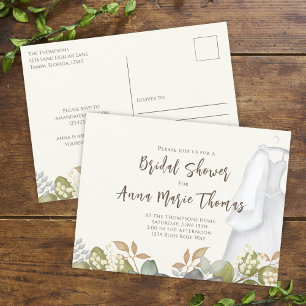 Cartão Postal Vestido de Noiva com Aquarela Floral Chá de Noiva