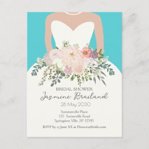 Cartão Postal Vestido de Noiva com Buquê Floral Chuveiro de Noiv