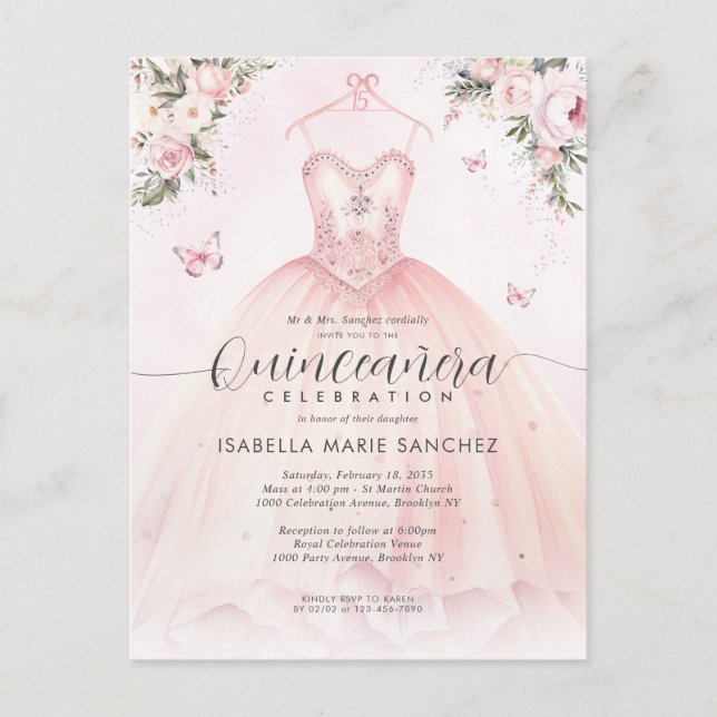 Cartão Postal Vestido de Princesa Floral Rosa Quinceanera Aniver (Frente)