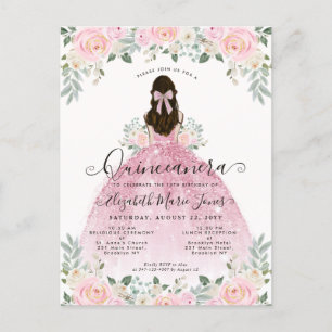 Cartão Postal Vestido Rosa Floral Blush para 15 Anos Quinceanera