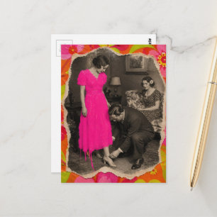 Cartão Postal Vestido Rosa Quente Senhora Colagem AI Aprimorado