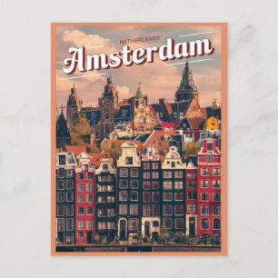 Cartão Postal Viagem Amsterdã casas coloridas presentes de vinta