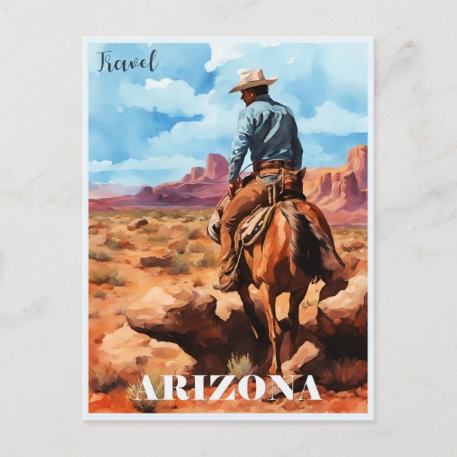 Cartão Postal Viagem Arizona, cowboy em Horseback (Frente)