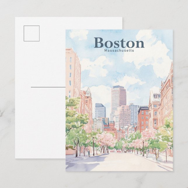Cartão Postal Viagem da Ilustração de Gouache em Boston Massachu (Frente/Verso)