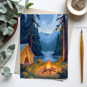 Cartão Postal Viagem de Acampamento Fogueira Floresta Tenda Aqua