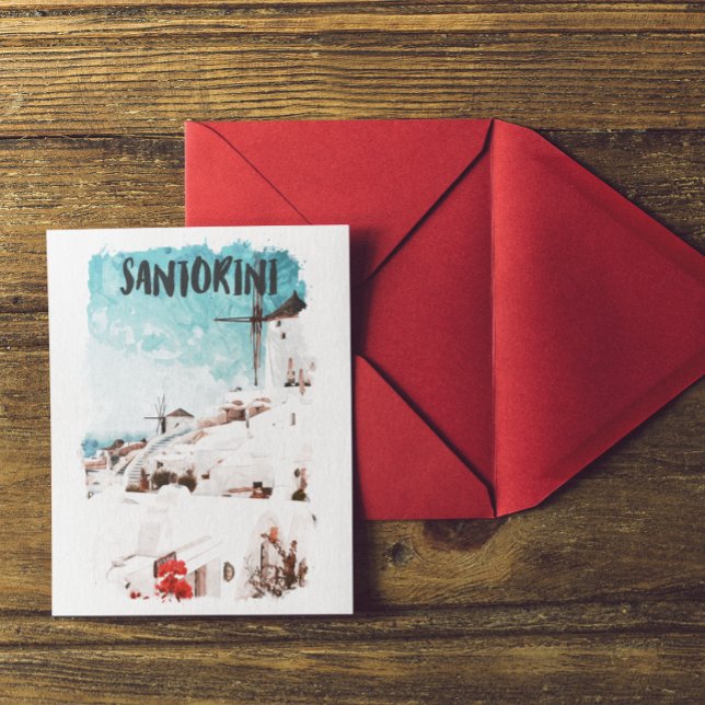 Cartão Postal Viagem de Aquarela das Ilhas Gregas Santorini (Santorini Greece watercolor )