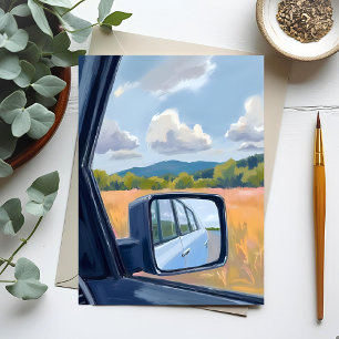 Cartão Postal Viagem de Carro   Espelho Retrovisor Aquarela Viag