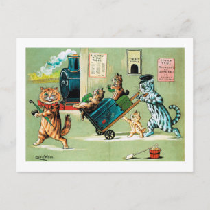 Cartão Postal Viagem de Comboio da Família Cats, Louis Wain