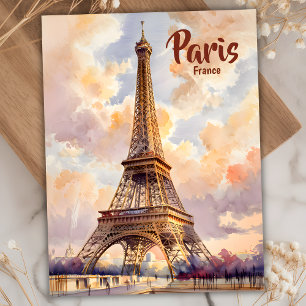 Cartão Postal Viagem de Cor de Água Solar Pastel Torre Eiffel de