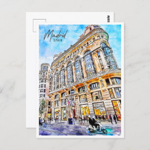 Cartão Postal Viagem de Espanha Madrid Place Watercolor