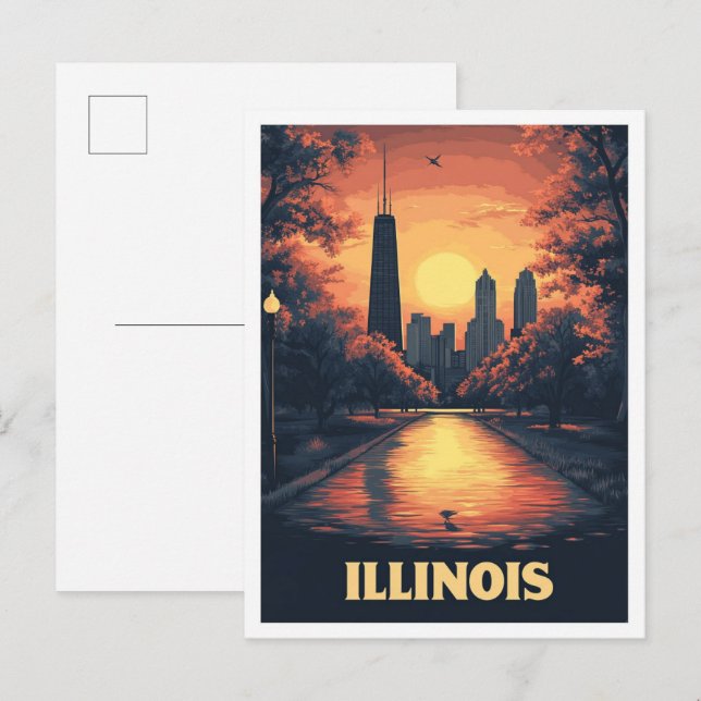 Cartão Postal Viagem de Ilustração de Arte de Illinois EUA (Frente/Verso)