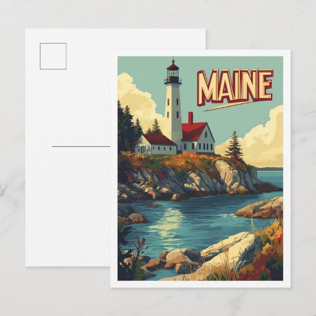 Cartão Postal Viagem de Ilustração de Arte do Maine USA (Frente/Verso)