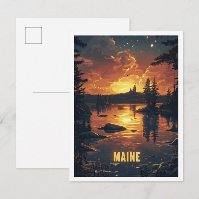 Cartão Postal Viagem de Ilustração de Arte do Maine USA (Frente/Verso)