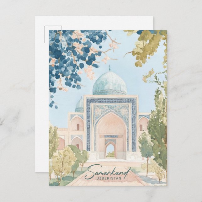 Cartão Postal Viagem de Ilustração de Gouache do Samarkand Uzbeq (Frente/Verso)
