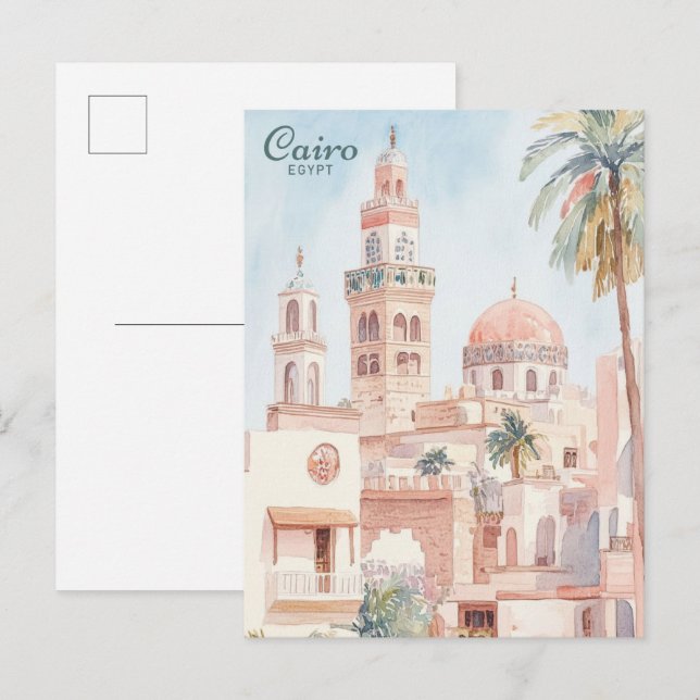 Cartão Postal Viagem de Ilustração de Pintura de Gouache no Cair (Frente/Verso)