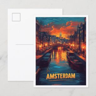 Cartão Postal Viagem de Ilustração Vintage de Amsterdã nos Paíse