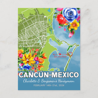 Cartão Postal Viagem de Lua de Mel Romântica Cancun México Mapa