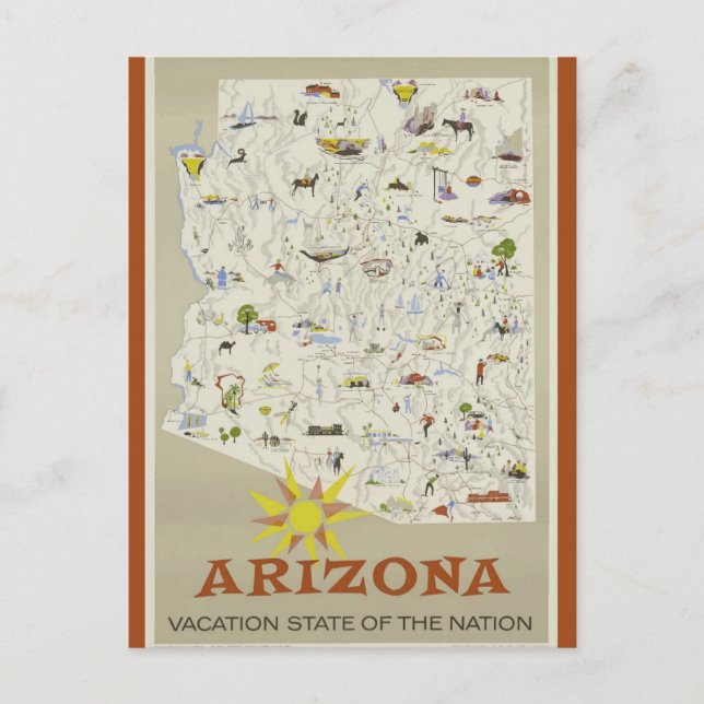 Cartão Postal Viagem de Mapa de Férias do Estado da Arizona da V (Frente)