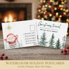 Cartão Postal Viagem de Natal Aquarela Papai Noel Pinheiros