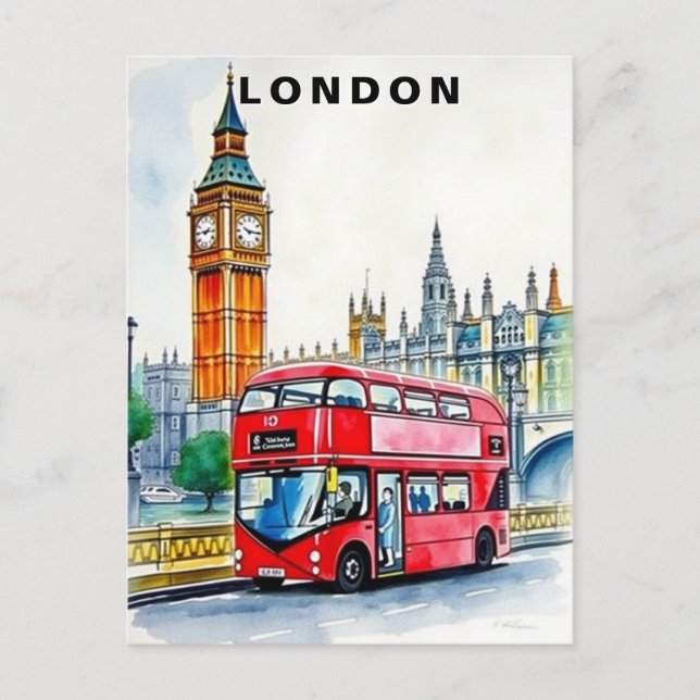 Cartão Postal Viagem de ônibus pela Londres Reino Unido Aquarela (Frente)