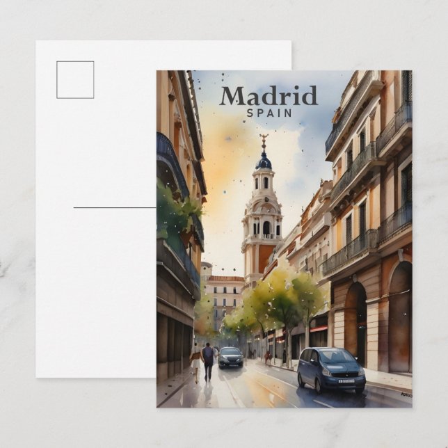 Cartão Postal Viagem de pintura por aquarela Espanha Madrid (Frente/Verso)