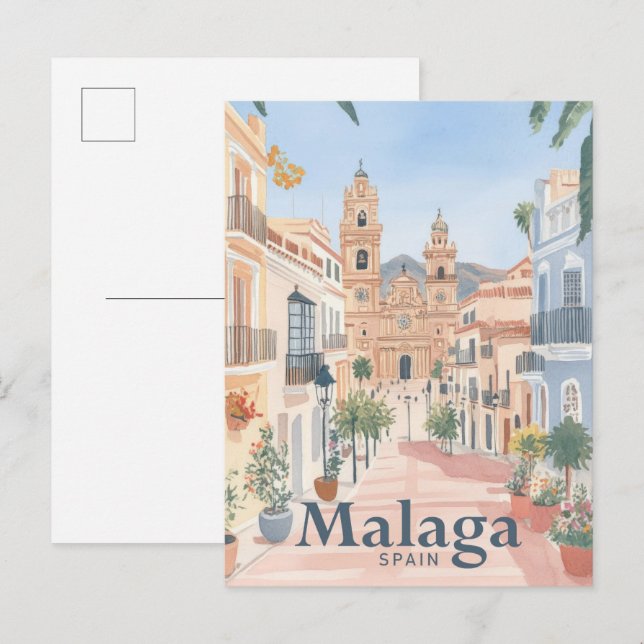 Cartão Postal Viagem de pintura por aquarela Espanha Málaga (Frente/Verso)