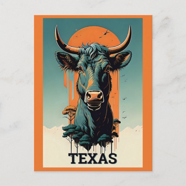 Cartão Postal Viagem de Touro Retroativo Estilizado do Texas (Frente)