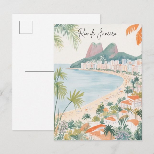 Cartão Postal Viagem do Brasil Gouache Ilustração do Rio de Jane (Frente/Verso)