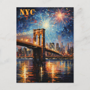 Cartão Postal Viagem do Brooklyn Bridge Nova Iorque Fireworks