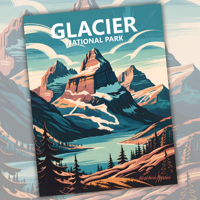 Cartão Postal Viagem do Parque Nacional do Glaciar Personalizado (Custom Glacier National Park Lake Retro WPA Travel Postcard)