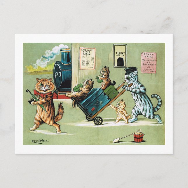 Cartão Postal Viagem do trem da família Cats, Louis Wain (Frente)