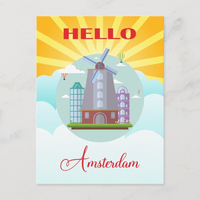 Cartão Postal Viagem Olá Amsterdã Holanda Vintage (Frente)