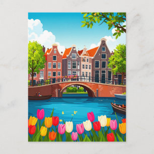 Cartão Postal Viagem Retro Amsterdam com Tulipas