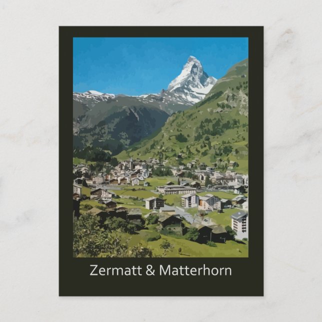 Cartão Postal Viagem retro pela Suíça Zermatt e Monte Matterhorn (Frente)