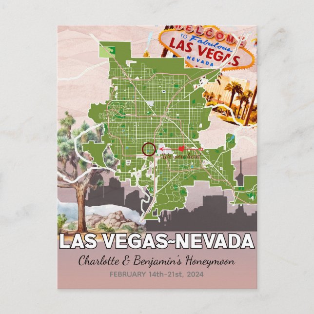 Cartão Postal Viagem Romântica de Lua de Mel Las Vegas Mapa Neva (Frente)