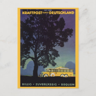 Cartão Postal viagens vintage, Alemanha, ônibus amarelo à noit