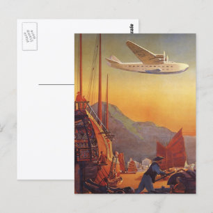 Cartão Postal viagens vintage, avião sobre lixo em Hong Kong