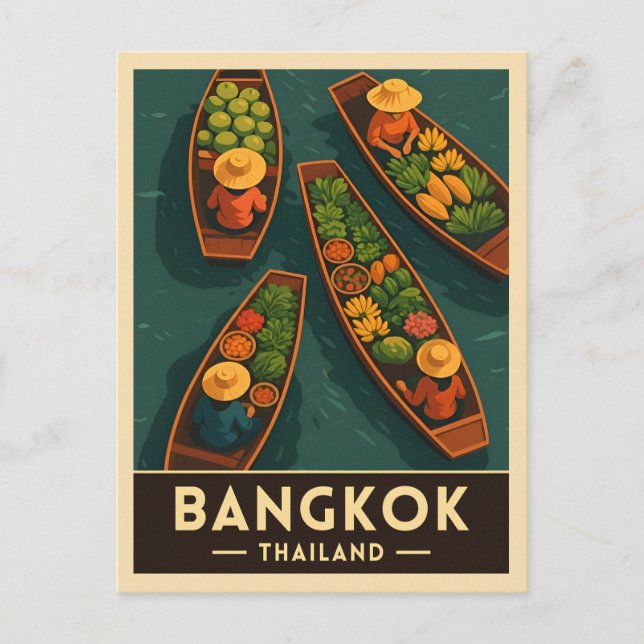 Cartão Postal Viagens vintage Bangkok Tailândia Mercado flutuant (Frente)