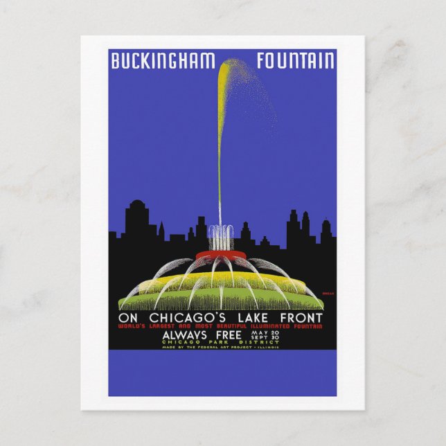 Cartão Postal viagens vintage "Buckingham Fountain, Chicago" (Frente)